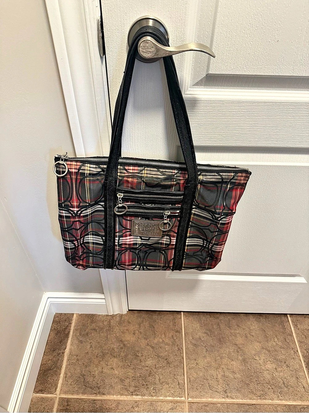 Coach Poppy Tartan Plaid Glam Tote in Black & Red